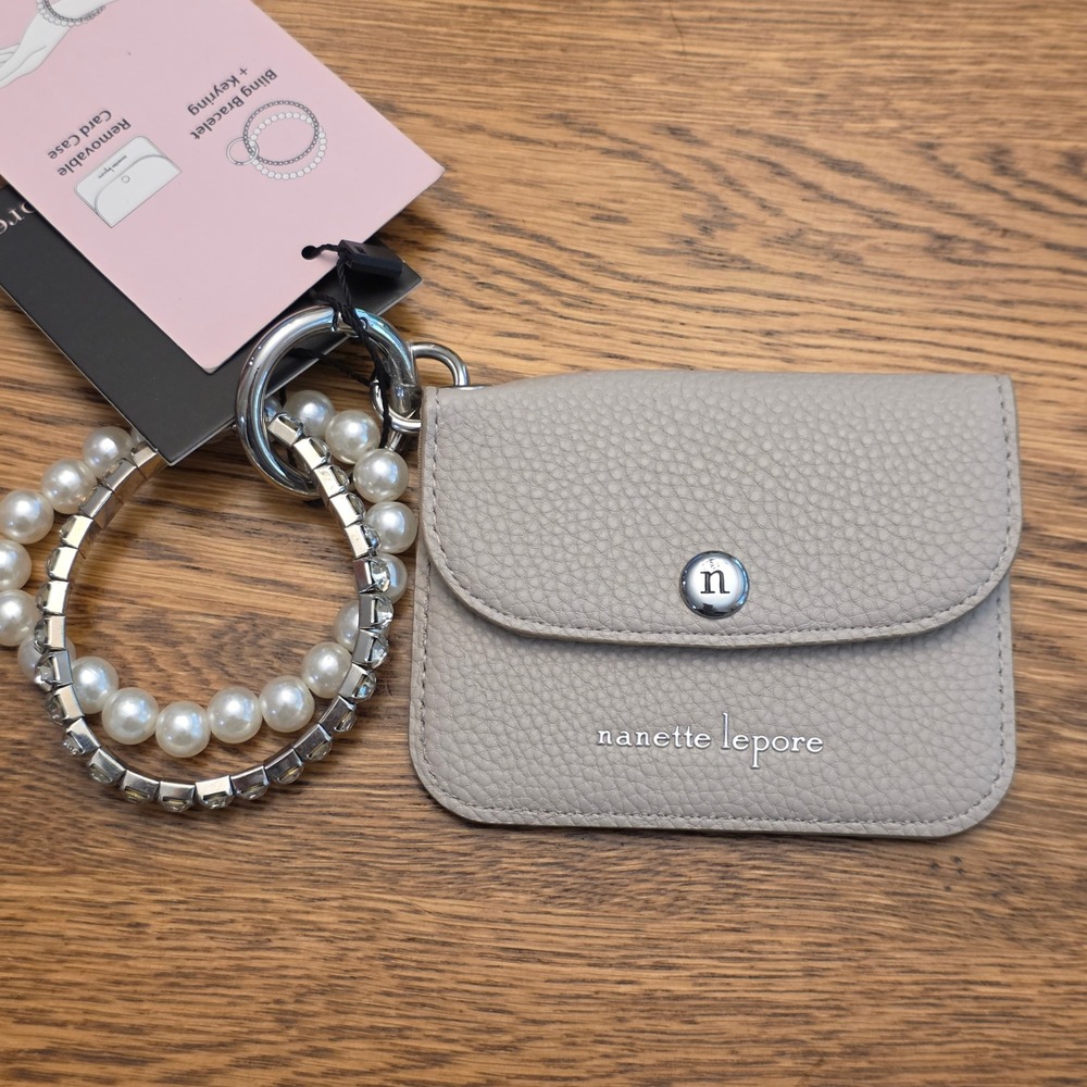 Nanette Lepore‎ Ashlee Grey Card Case Pearl Rhinestone Bracelet Keychain NWT